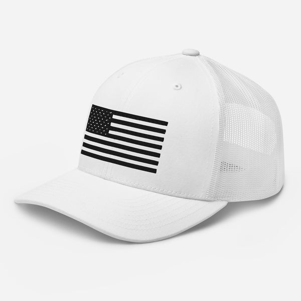 HUNSAKER White Snap Back Trucker Hat w/American Flag