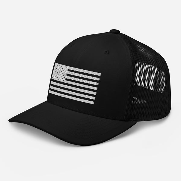HUNSAKER Black Snap Back Trucker Hat w/American Flag